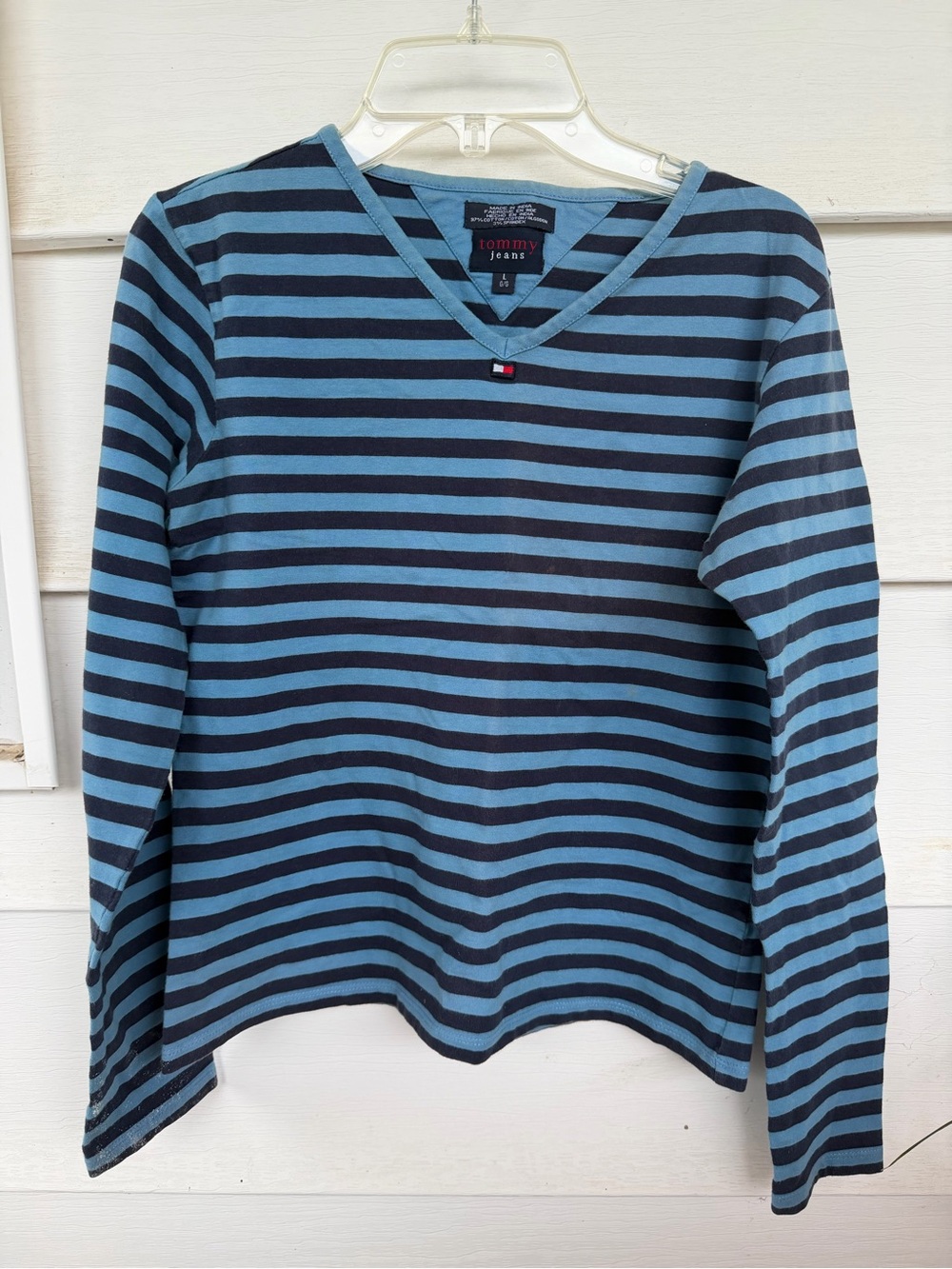 Tommy Jeans VTG 90s Striped Long Sleeve V-Neck Tee - Large